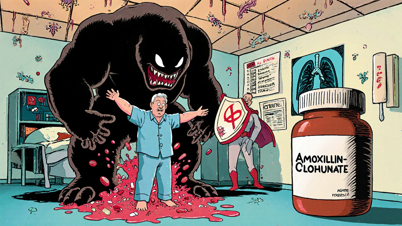 A man being saved from a giant Biaxin monster by an amoxicillin superhero in a hospital room.