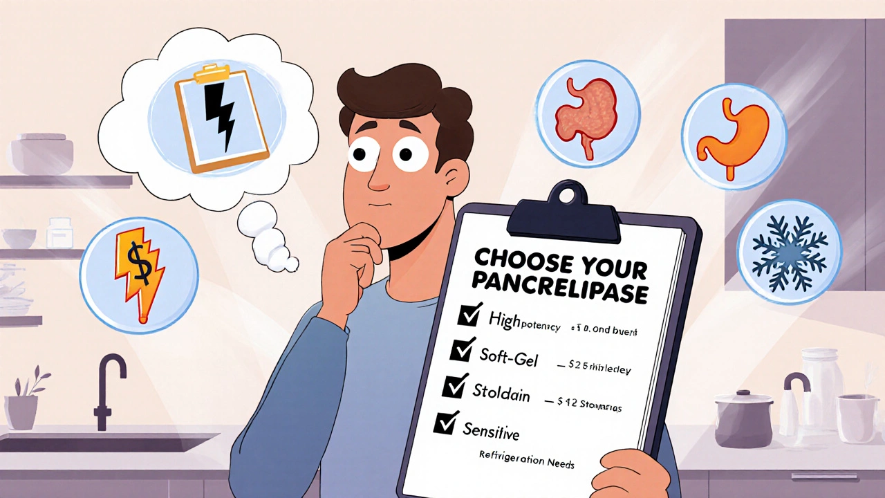 Adult holding a checklist with icons for potency, cost, swallowing comfort, and storage.