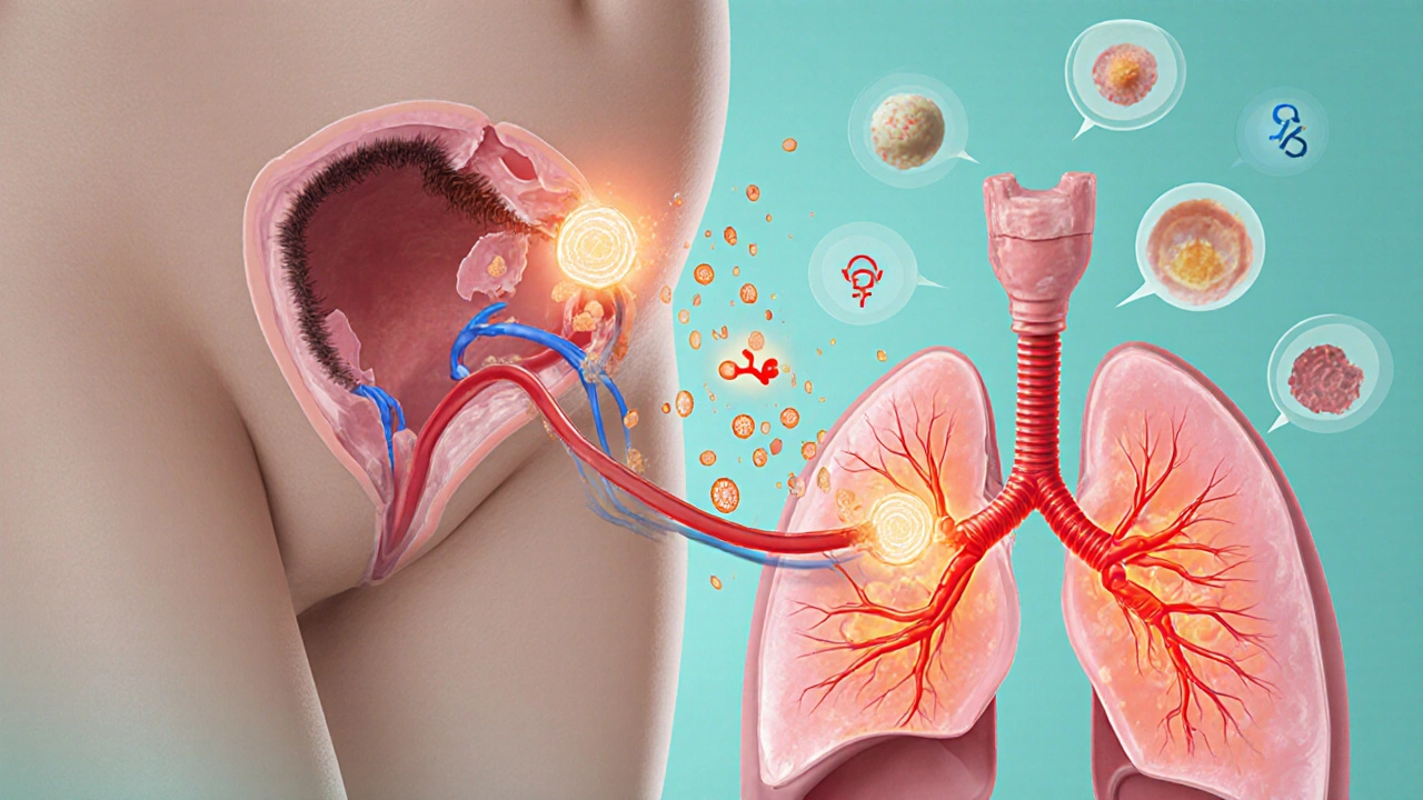 Anatomical cutaway showing amniotic fluid entering maternal veins and reaching the lungs.