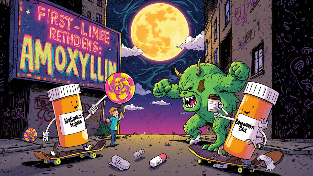 Antibiotics in a chaotic street battle against bacteria, with neon signs and pill clouds in the background.
