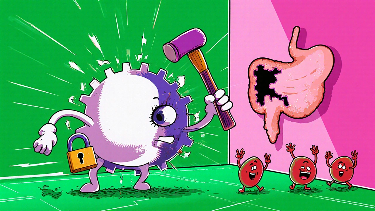 Cartoon aspirin molecule hammering a COX‑1 gear, locking it, with a cracked stomach wall and cheering platelets.