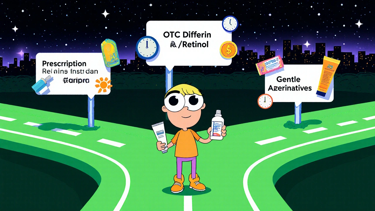Cartoon character at a neon crossroads choosing between prescription, OTC, and gentle retinoid paths.