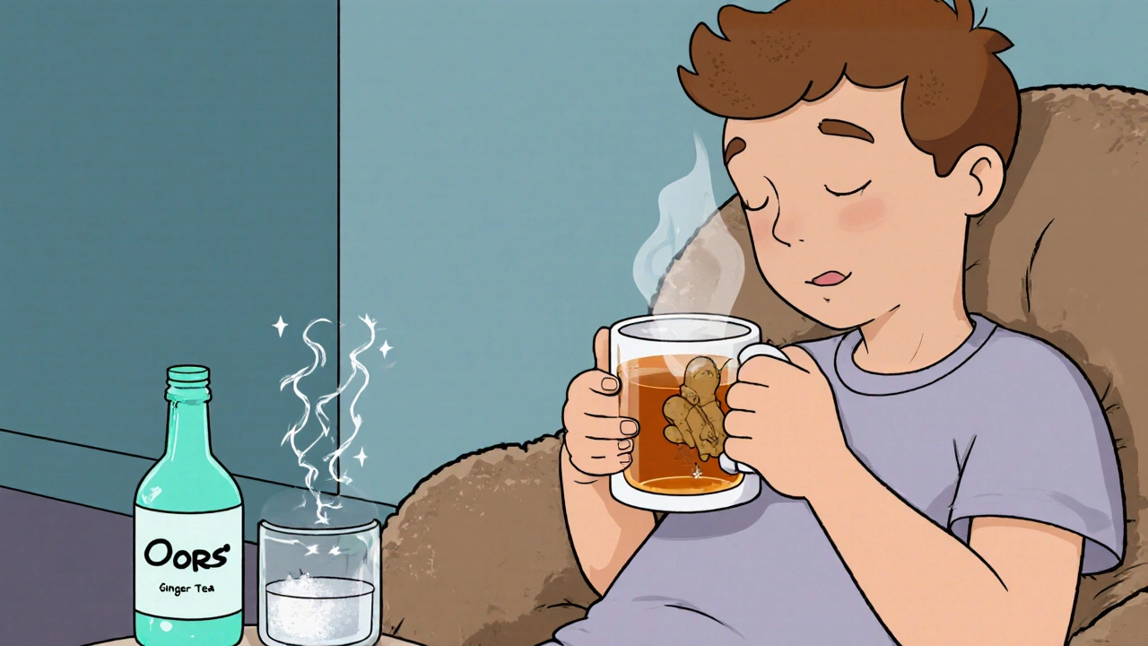 Cartoon character sipping ginger tea and an ORS bottle, looking relieved in a cozy room.