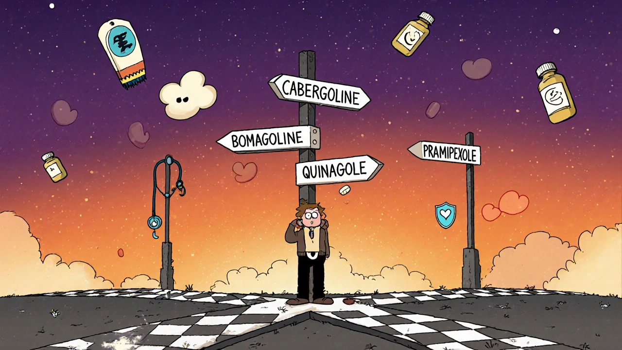 Cartoon decision tree showing a person choosing between Cabergoline, Bromocriptine, Quinagolide, and Pramipexole.