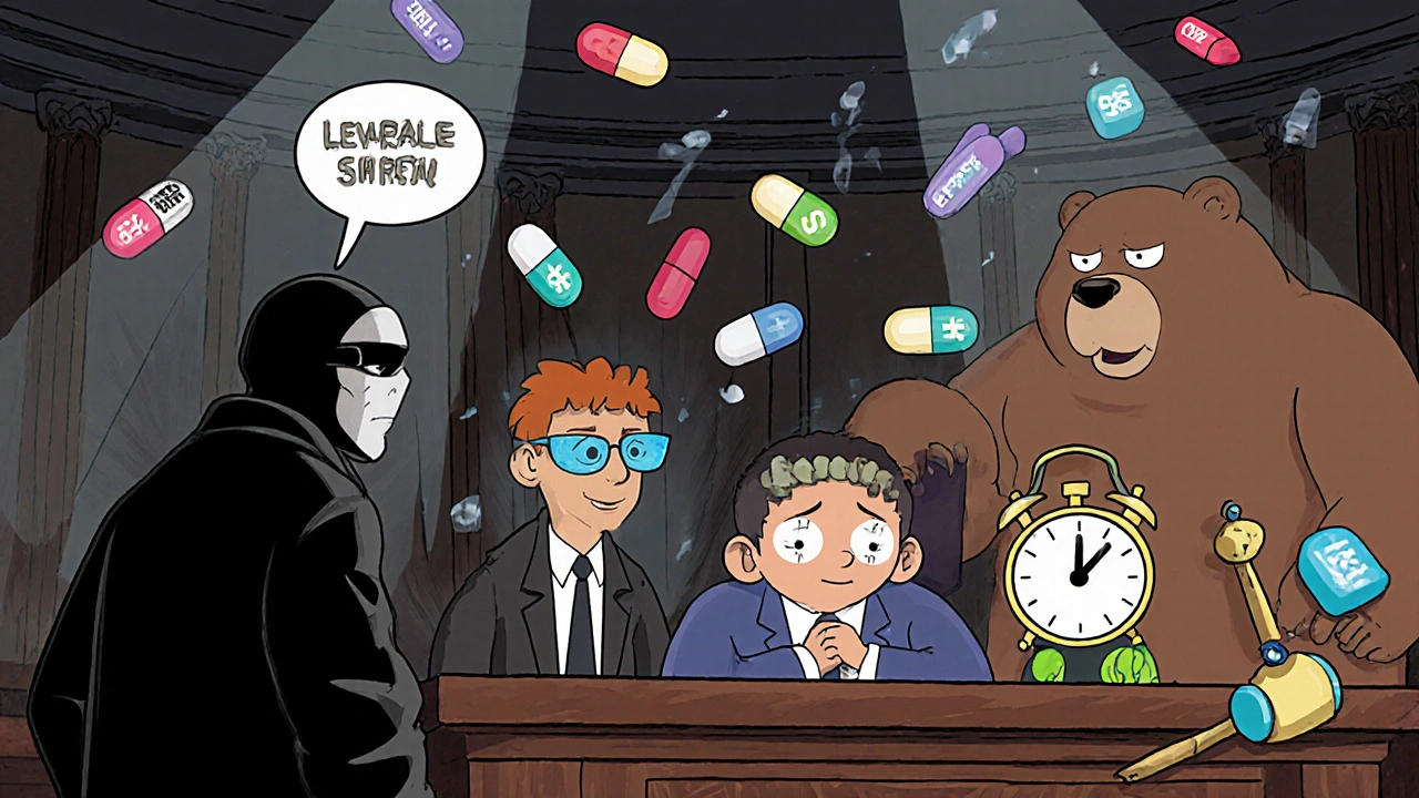 Cartoon ED medications on trial: Levitra Soft as a ninja, Viagra as a blue-tinted dad, Cialis as a sleeping bear.
