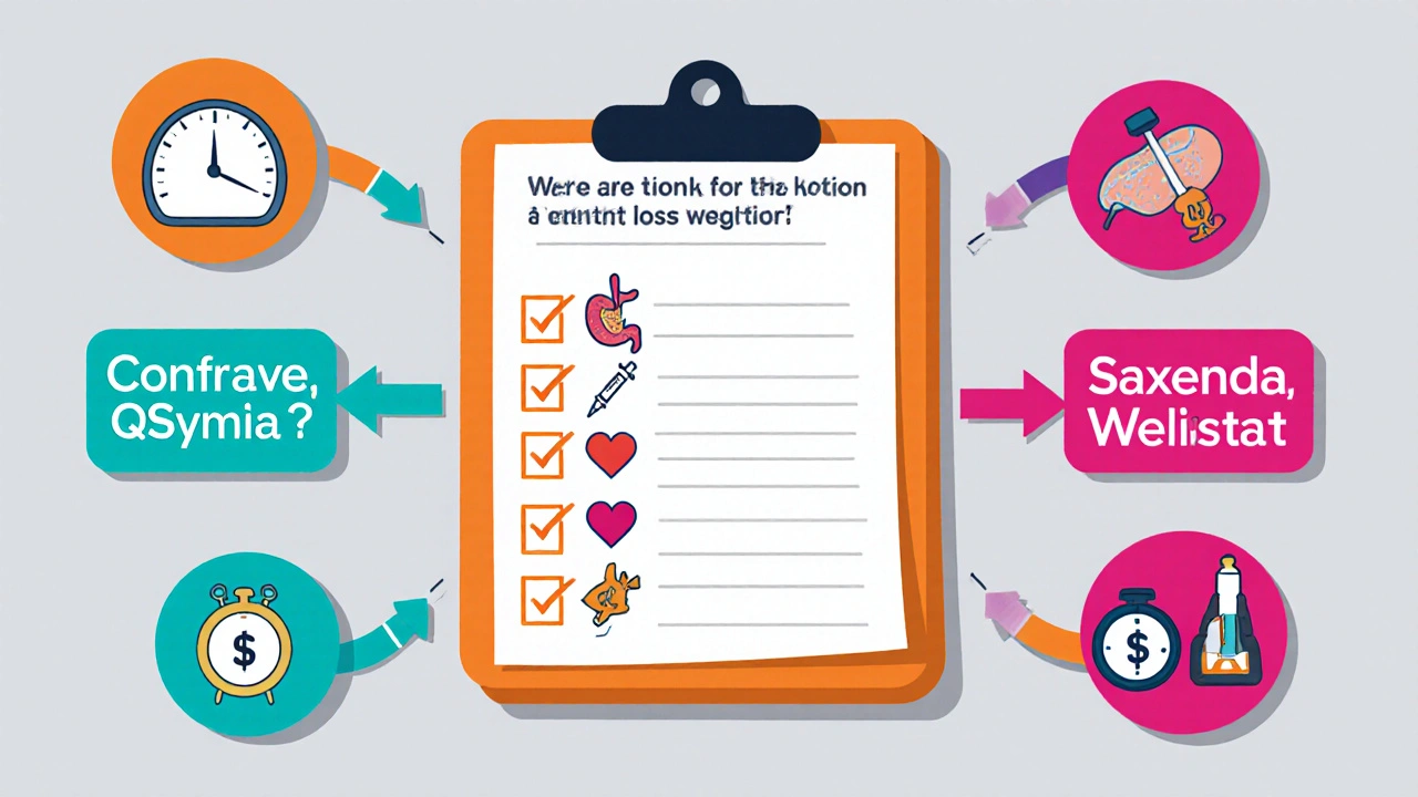 Checklist flowchart with icons for goals, injection, heart, side effects, cost, and conditions leading to pill or injection options.