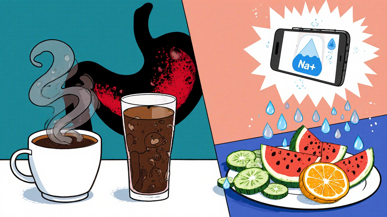 Coffee and soda cause gas bubbles around a red stomach; cucumber, watermelon, orange and water tracker on the other side.