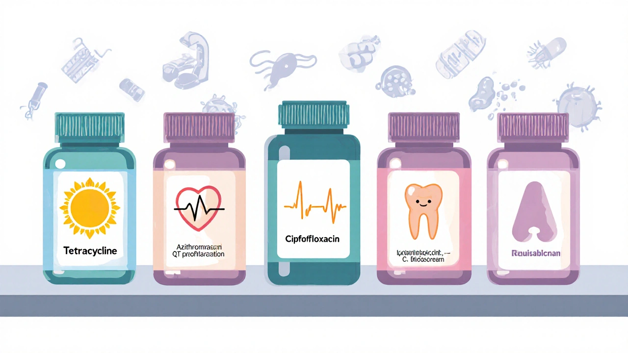 Colorful collage of five antibiotic bottles with visual cues for side effects.