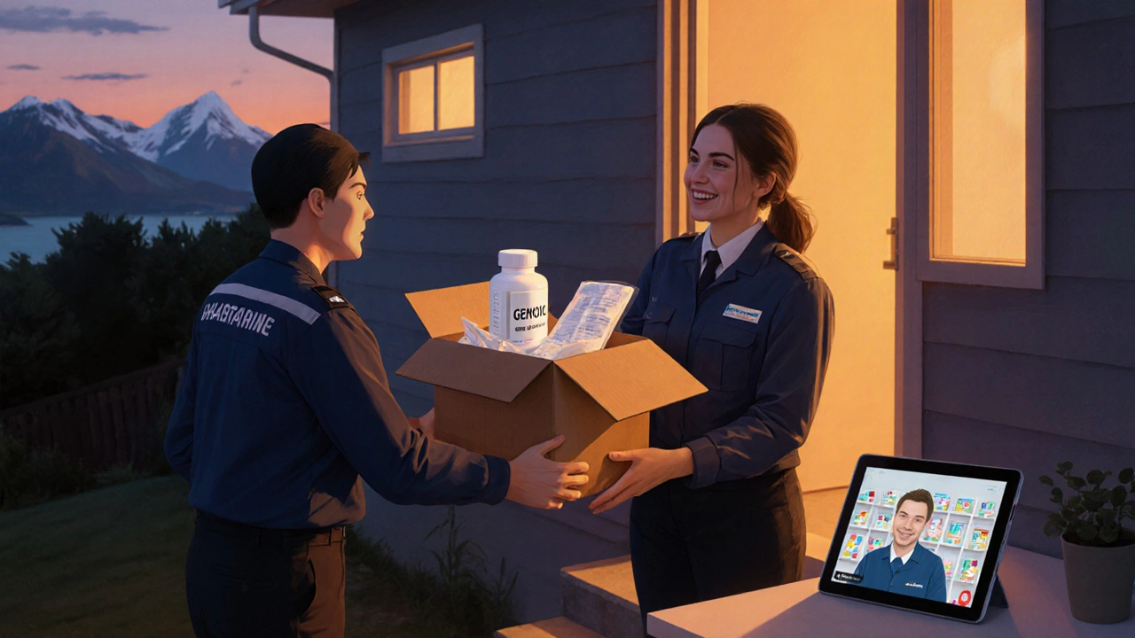 Courier delivering sealed medication box to homeowner; pharmacist appears on tablet video.