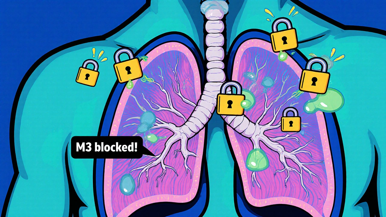 Cross‑section of airway showing anticholinergic pills locking M3 receptors and relaxed muscles.