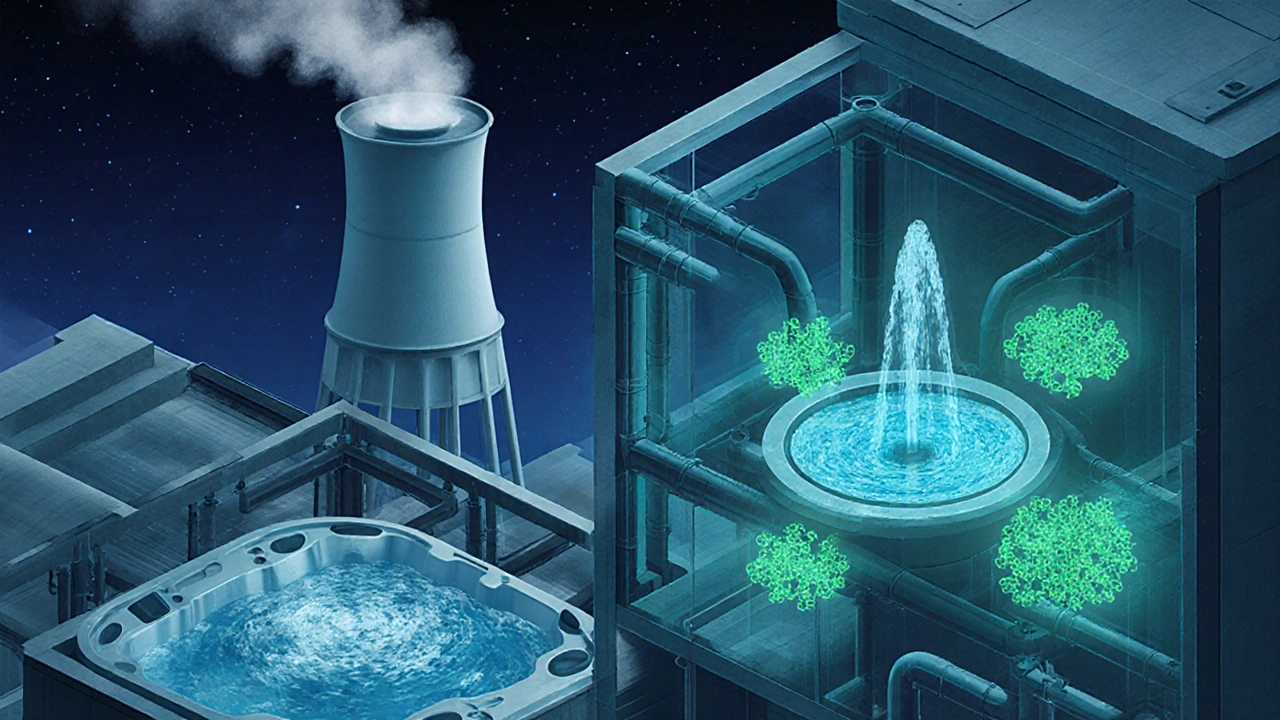 Cross‑section of building water system showing cooling tower, hot tub, and glowing bacteria.