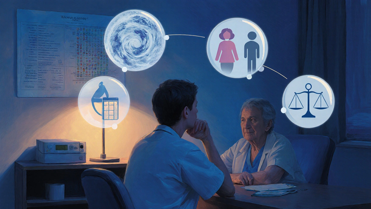 Doctor and patient surrounded by thought bubbles showing infection decision steps.