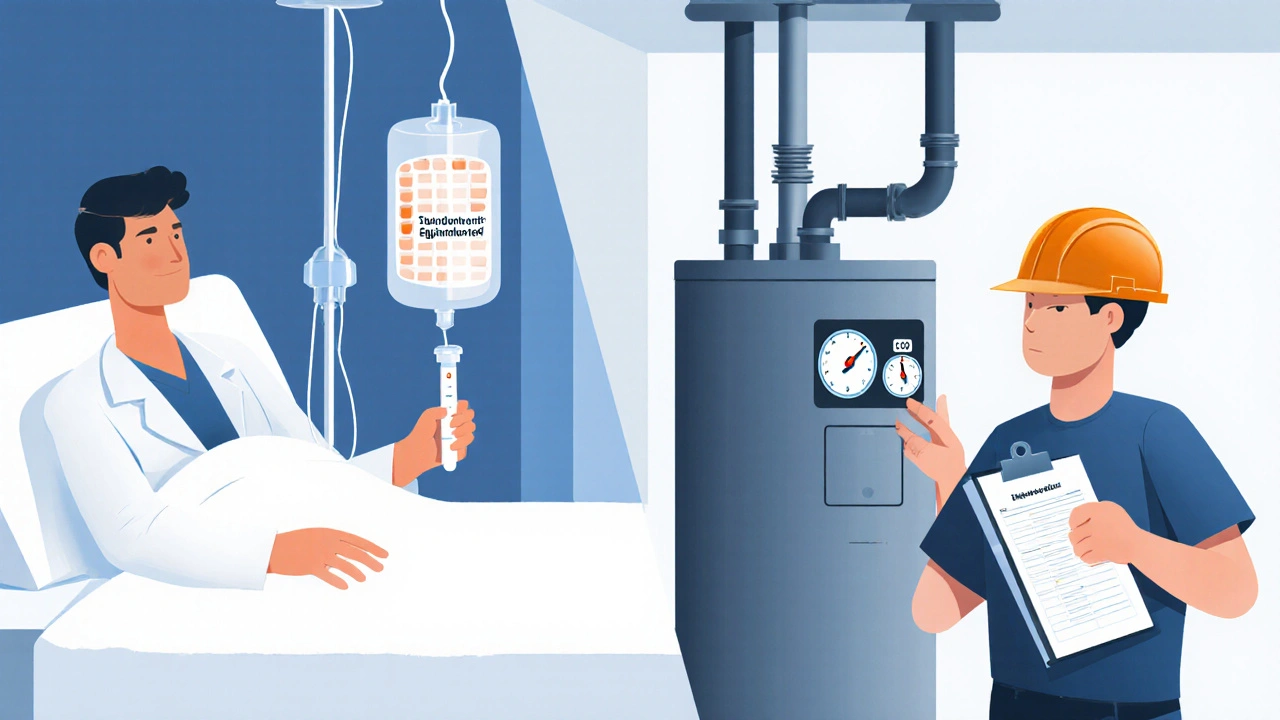 Doctor treating a patient with antibiotics while a technician checks hot‑water temperature for Legionella prevention.