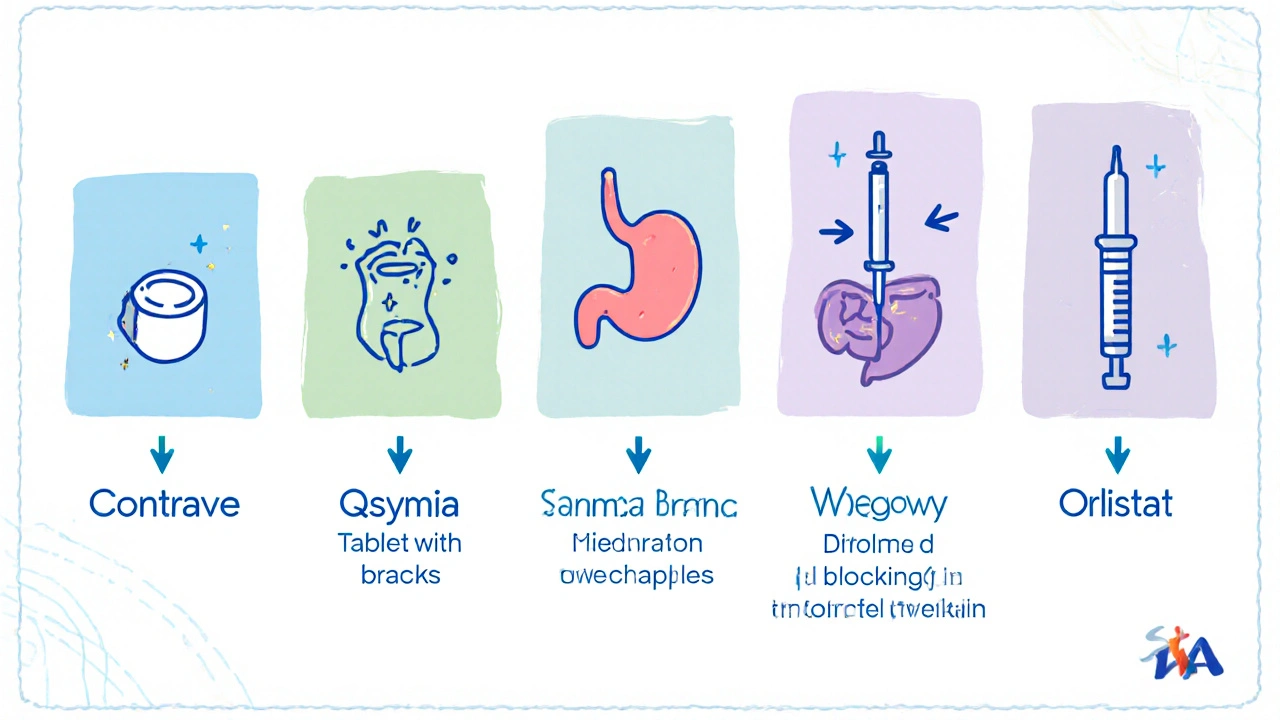 Five panels illustrate Contrave, Qsymia, Saxenda, Wegovy, and Orlistat with arrows depicting their mechanisms.