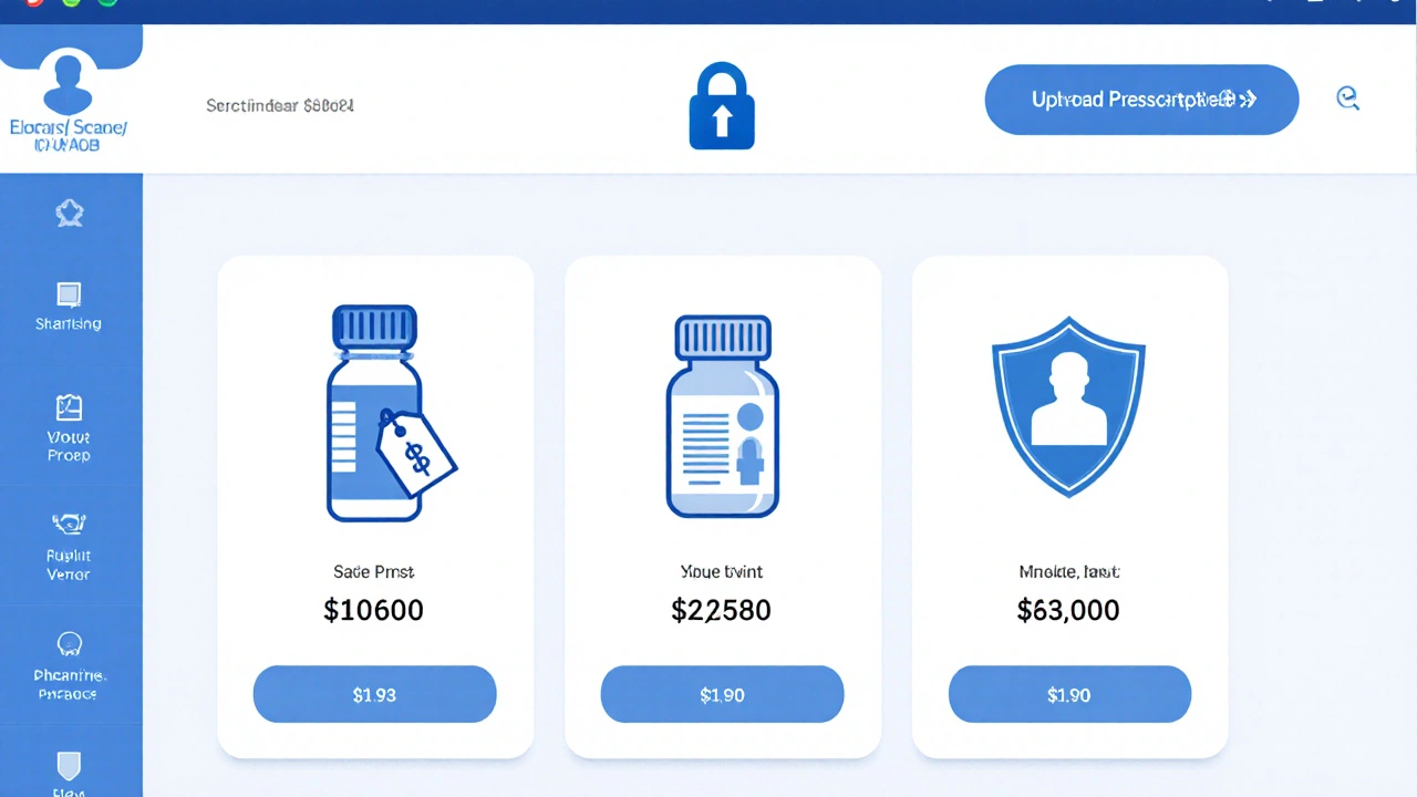 Flat illustration of online pharmacy site showing verified pill bottles and secure icons.
