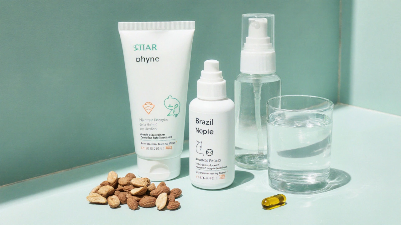 Flat lay of gentle cleanser, moisturizer, SPF, Brazil nuts, fish oil, and water.