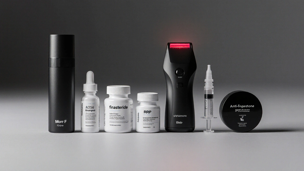 Flat lay of various hair‑loss treatments: bottles, pills, laser comb, syringe and shampoo.