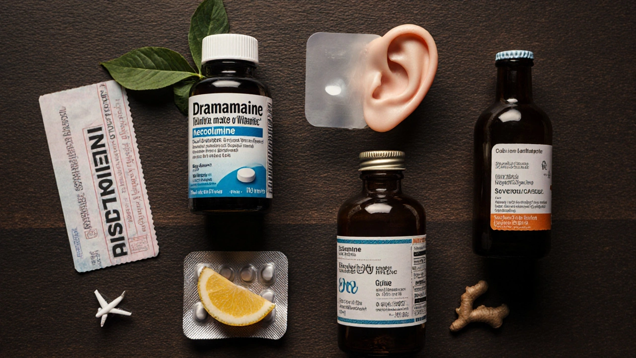 Flat‑lay of various motion‑sickness meds with travel items on a wood surface.