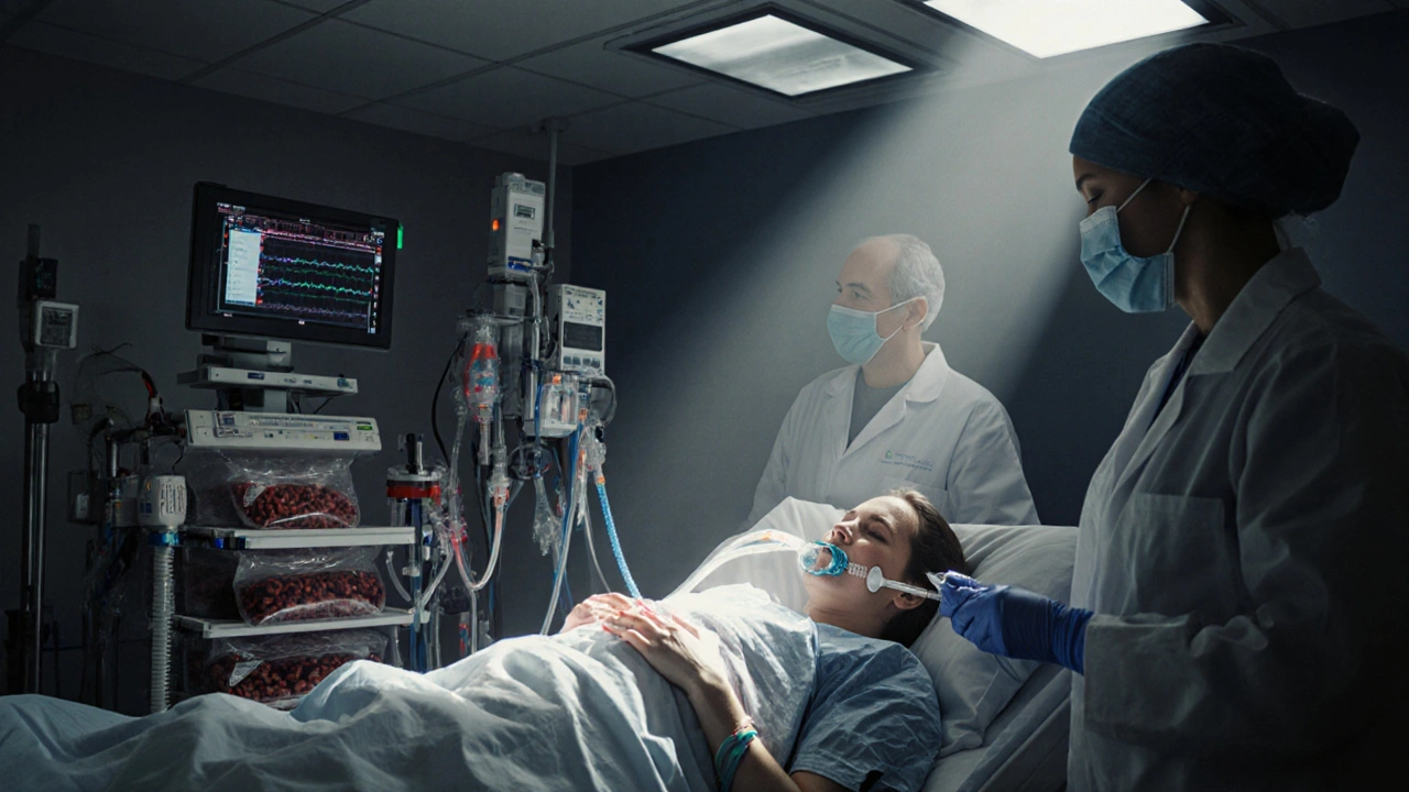 ICU with intubated mother receiving massive transfusion and ECMO support.