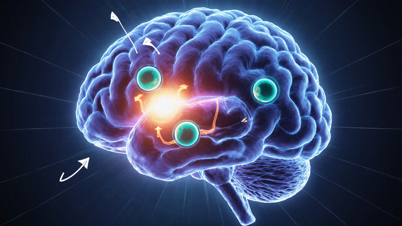Illustration of a brain synapse showing Luvox binding to serotonin transporters.