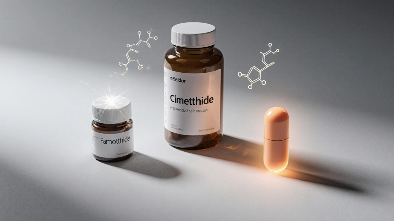 Illustration of famotidine, cimetidine, and omeprazole bottles with simple chemical icons.