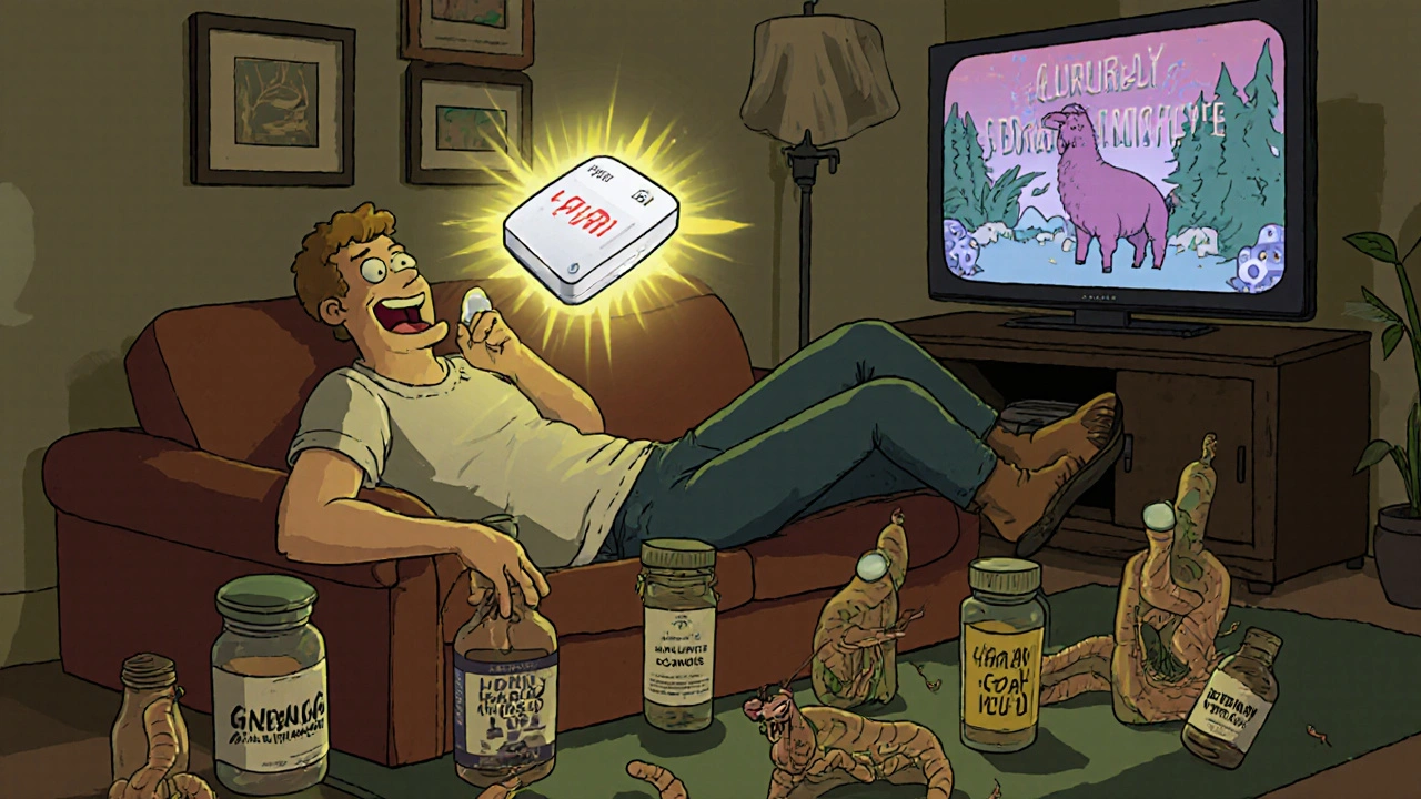 Man surrounded by angry supplement worms while Levitra Soft glows above him, TV plays absurd 'natural remedy' ad.