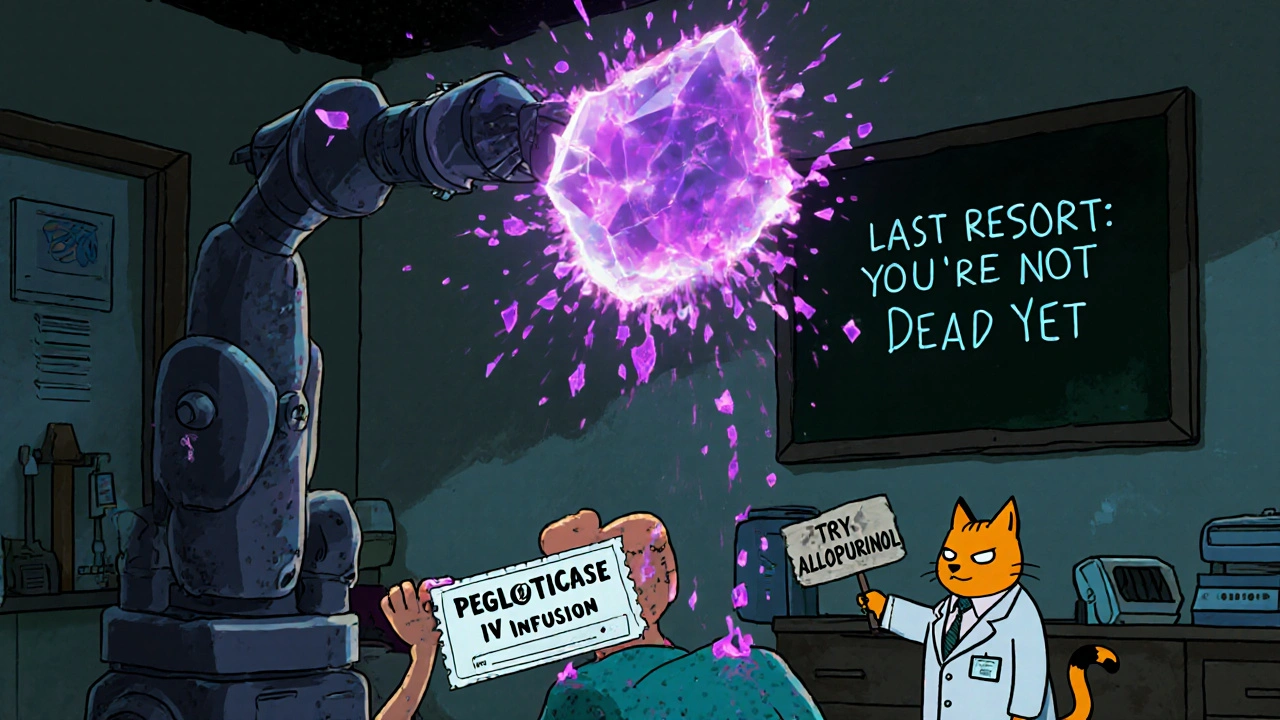 Patient receiving IV pegloticase as a giant uric acid crystal shatters above