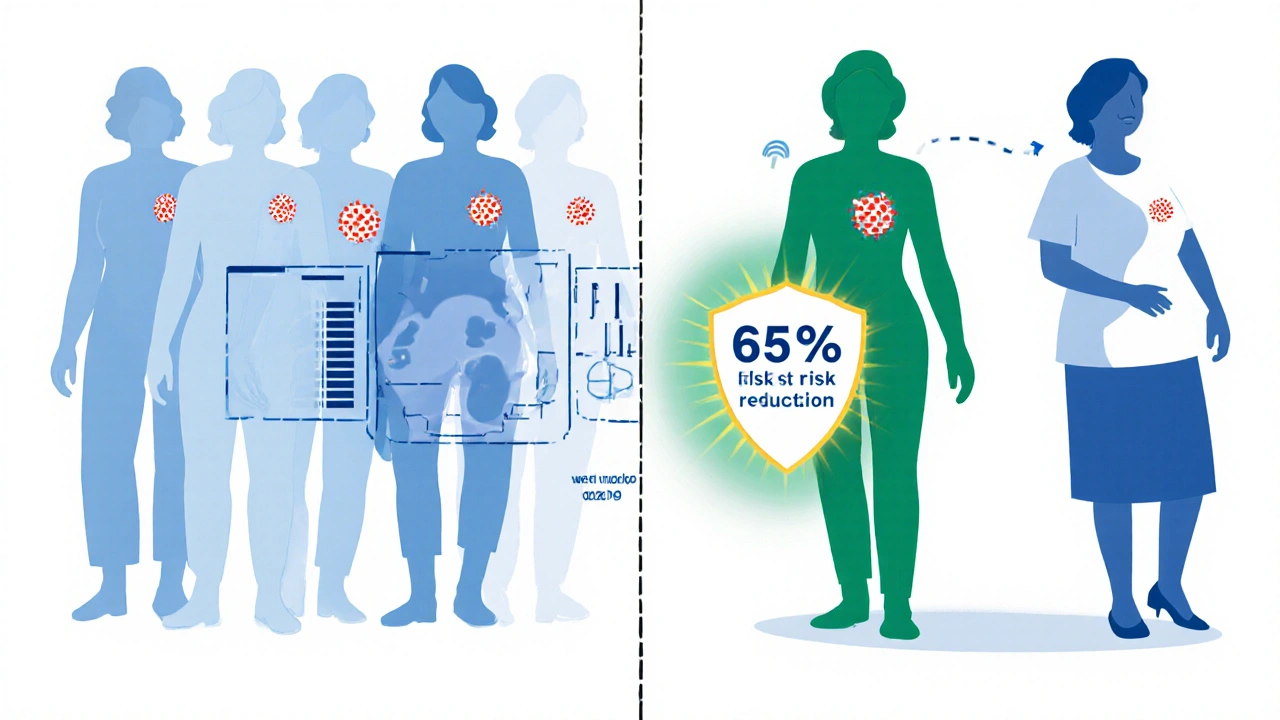 Side‑by‑side cartoon of placebo vs. Exemestane groups showing fewer breast tumors and bone scan.