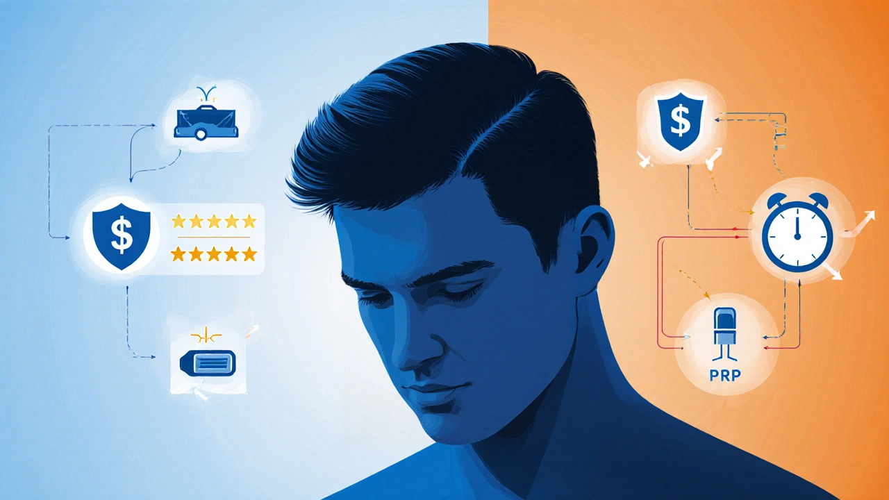 Silhouette of a man with thinning hair considering treatment options with icons.