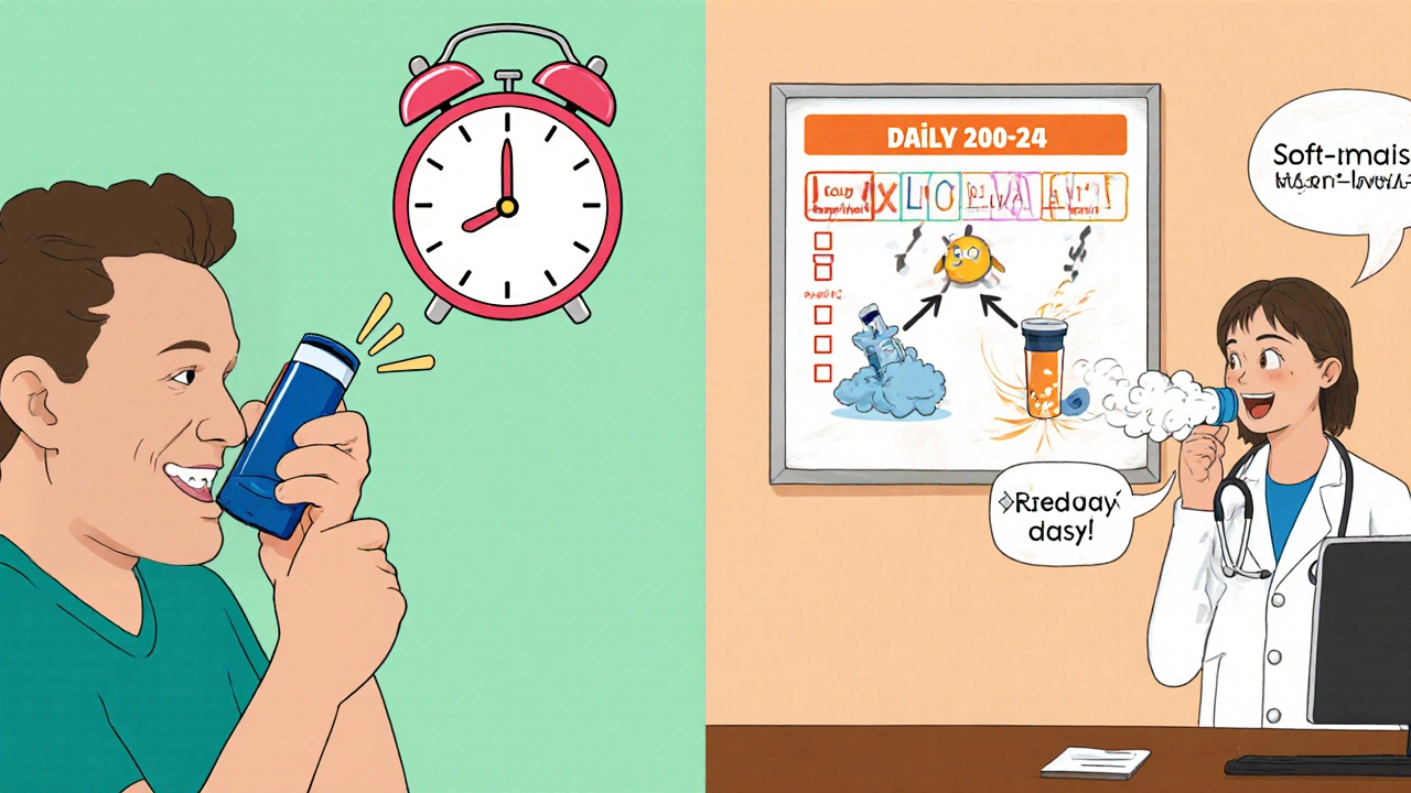 Split scene of daily inhaler routine and doctor’s GOLD guideline chart with cartoon inhalers.