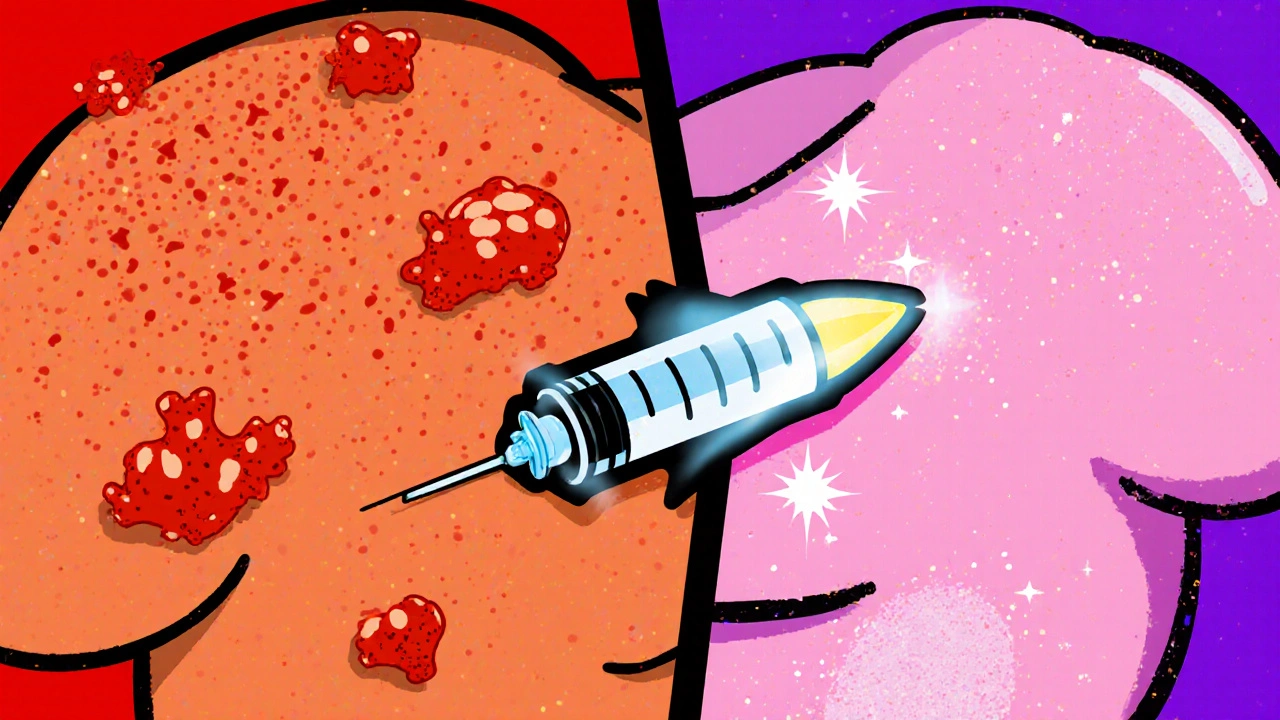 Split‑screen cartoon showing irritated red skin on left and smooth pink skin on right.