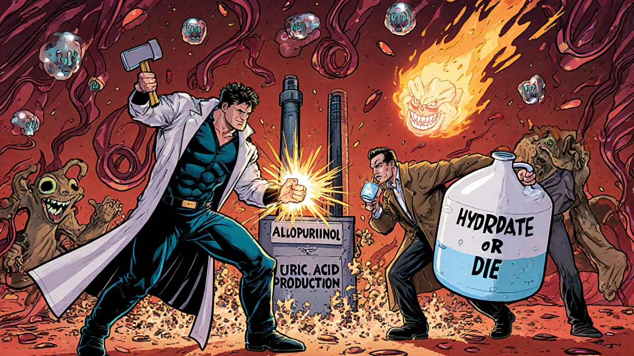 Superhero Allopurinol destroying a uric acid factory in a blood vessel