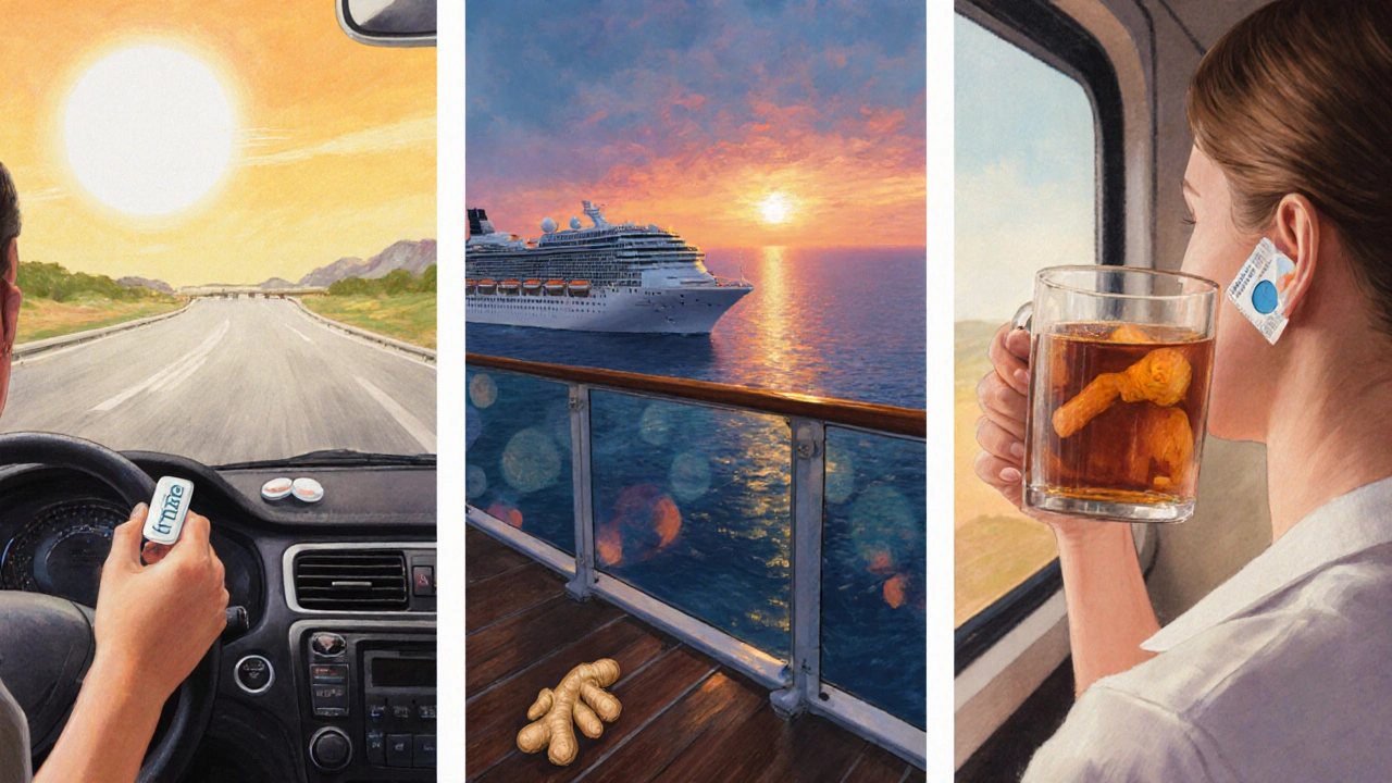 Three travel scenes showing Meclizine, scopolamine patch, and ginger tea.