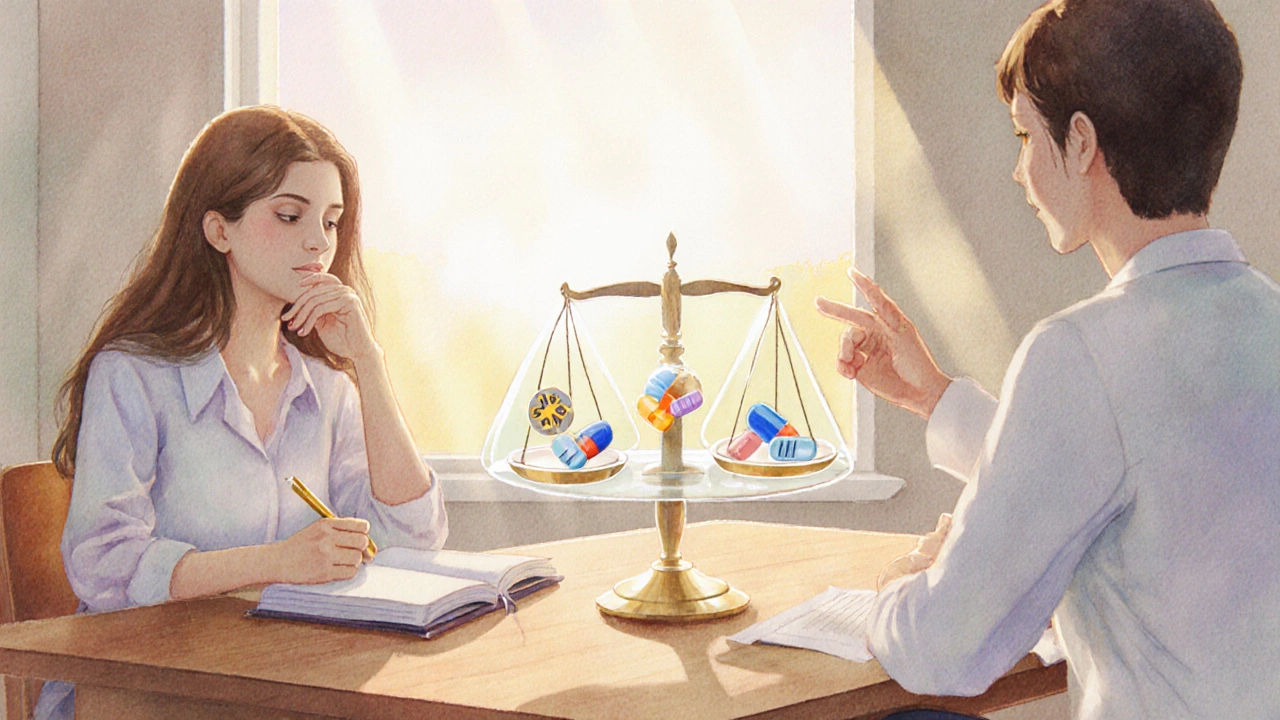 Watercolor scene of a patient and doctor discussing medication options with a balance scale.