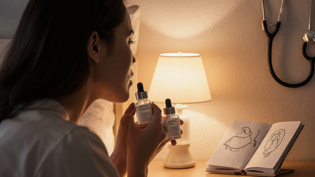 Woman applying serum and night cream at night with warm lighting and a doctor silhouette.