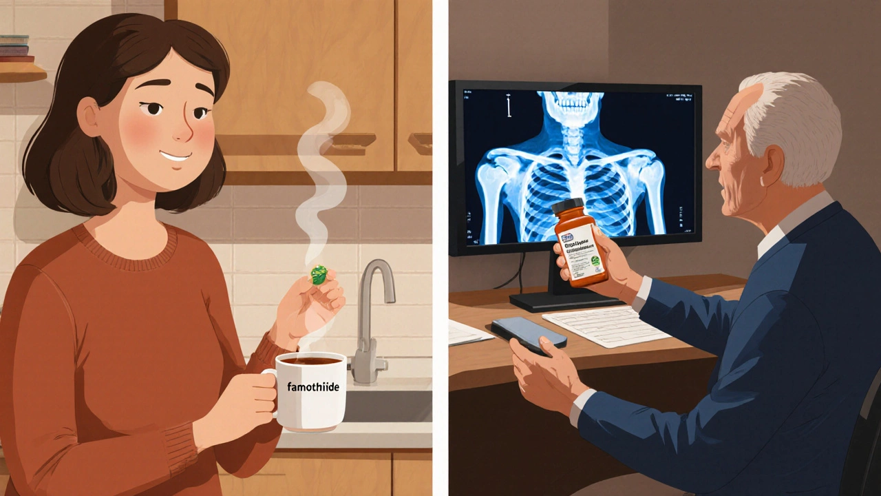 Woman taking famotidine at home and elderly man receiving omeprazole from doctor.