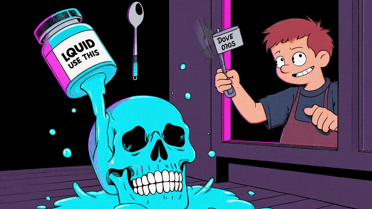 A child spills liquid opioid medicine that forms a skull, with a spoon and dosing syringe nearby.