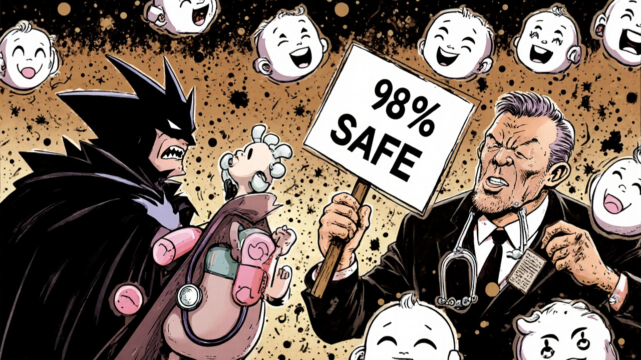 A courtroom scene where a dangerous drug is banished by a heroic L1 pill, with a judge holding a &#039;98% Safe&#039; verdict.