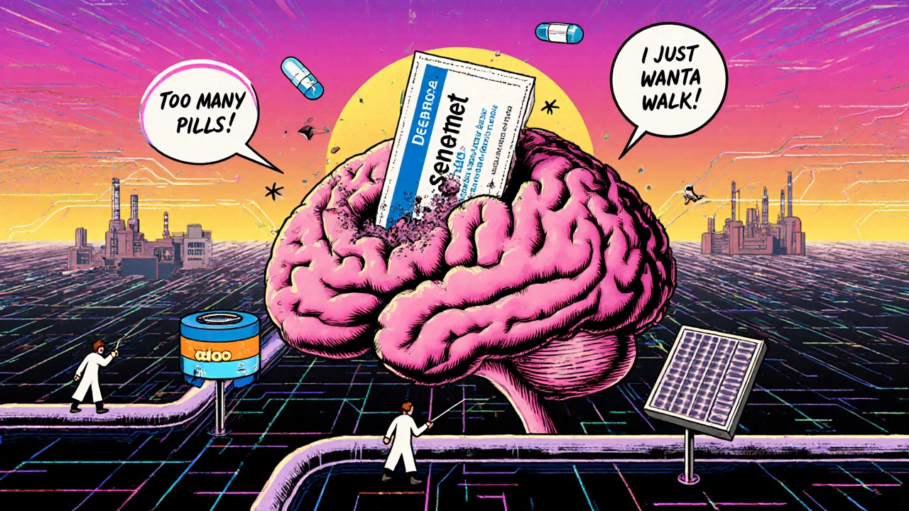 A crumbling brain landscape with Sinemet dissolving while tiny figures install a patch and tube to restore dopamine flow.