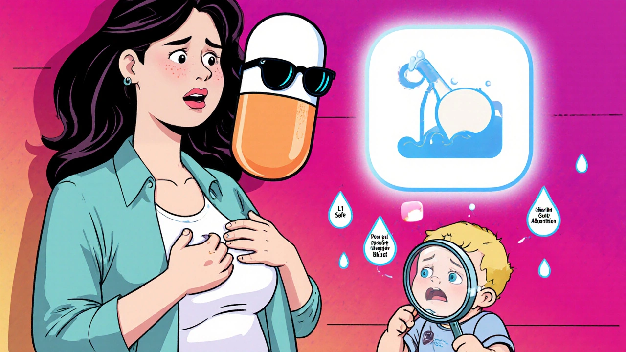 A friendly ibuprofen pill with sunglasses hovers over a breastfeeding mom, while a baby examines safe milk droplets.