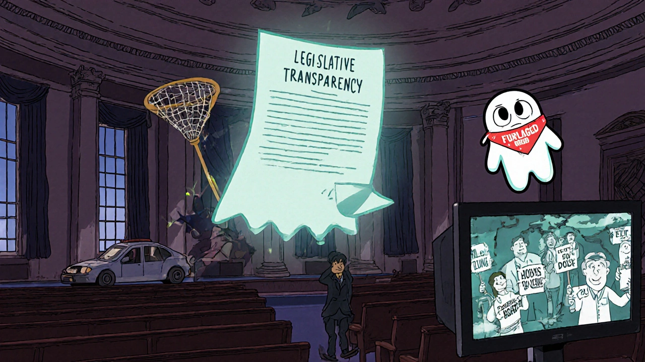 A ghostly congressional bill hovering over an empty chamber, with patients on long drives and overwhelmed ERs.