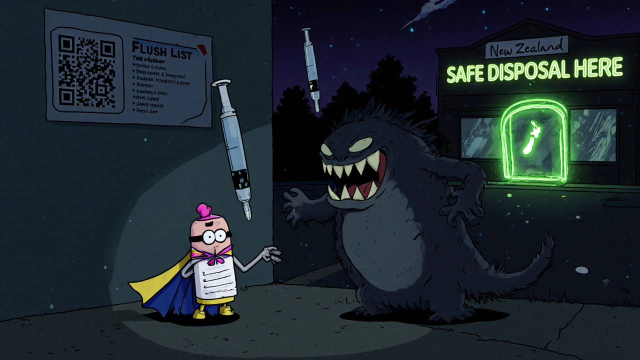 A heroic folded patch fighting a trash can monster made of syringes under a glowing FDA flush list.