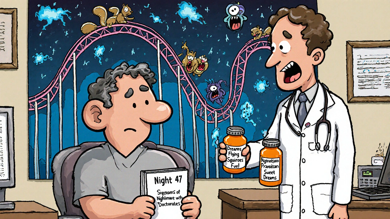A patient and doctor in a clinic, holding statin bottles, with a dream-themed sleep quality graph behind them.