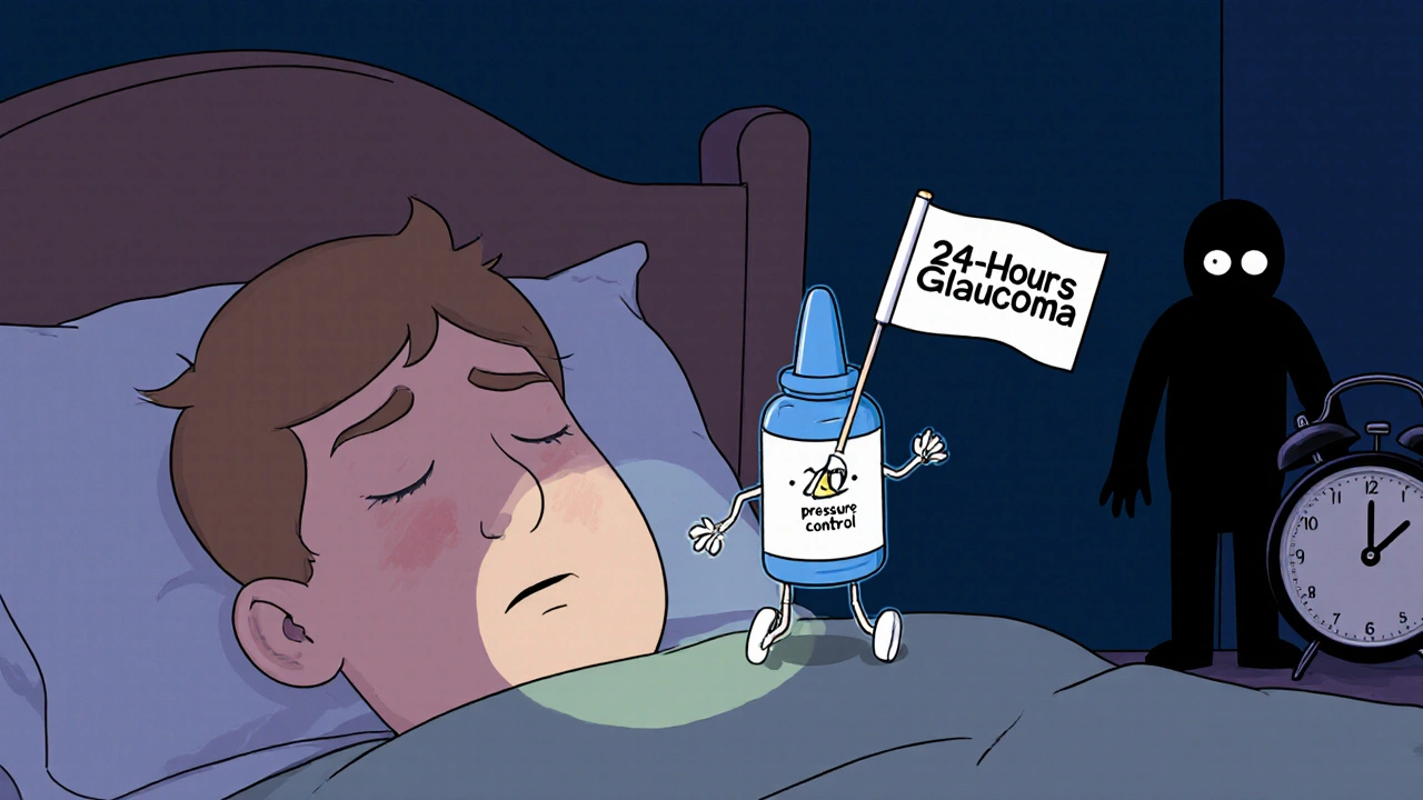 A patient at night with a cartoon eye drop marching across their cheek, fighting glaucoma.