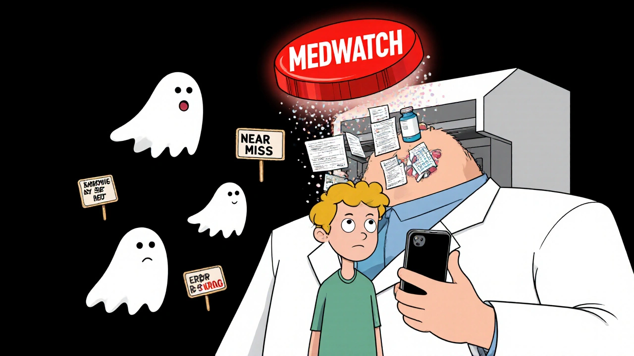 A patient photographing a pill bottle while a distracted pharmacist is stuck in a printer, with a glowing MedWatch button nearby.