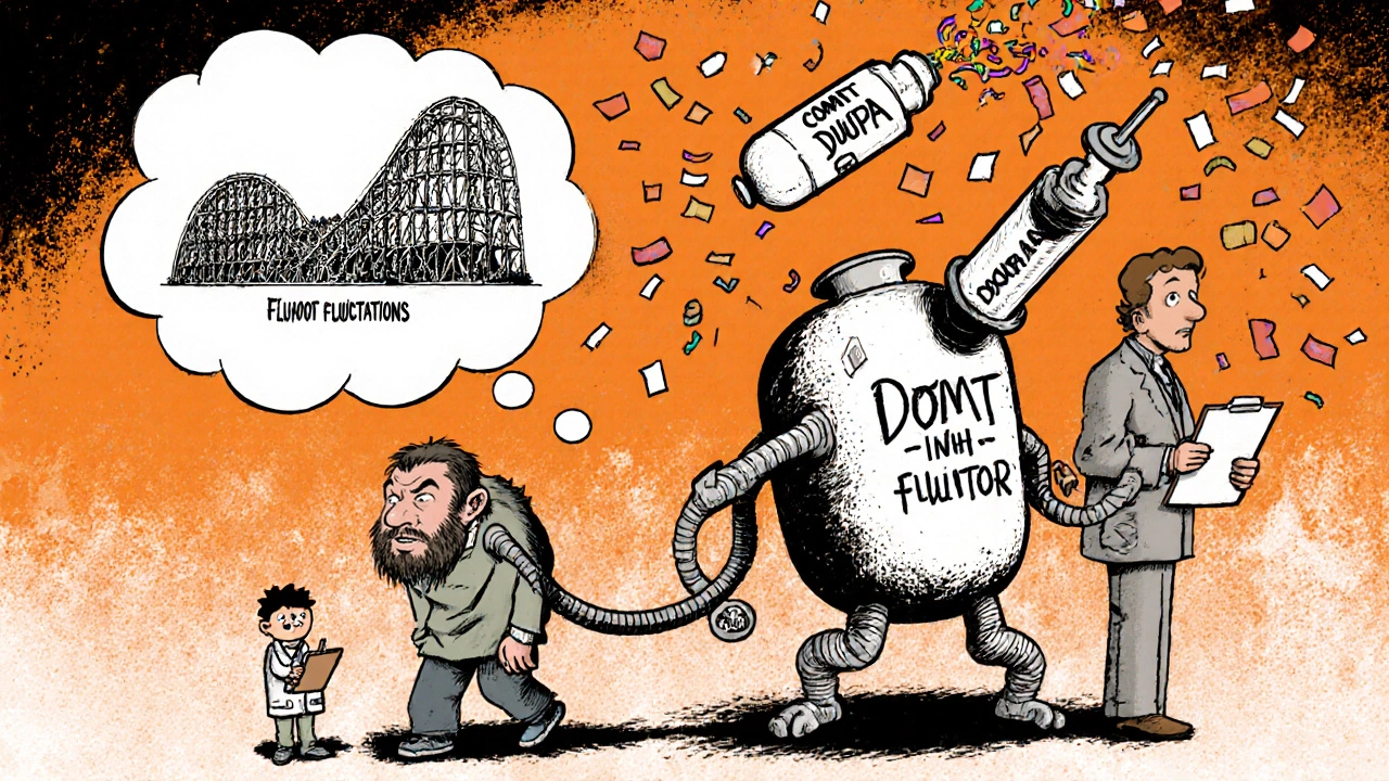 A patient pulled by a Duopa pump monster, with a doctor holding a syringe labeled &#039;COMT INHIBITOR&#039; in a chaotic scene.