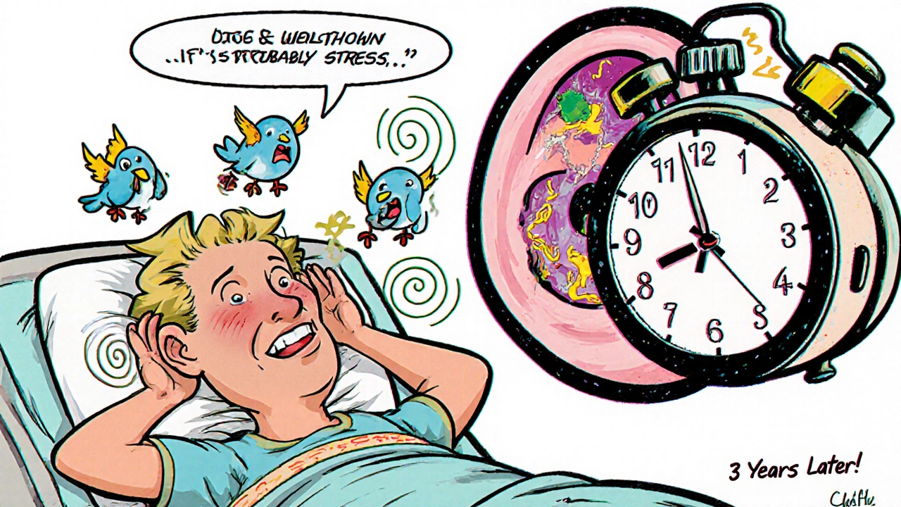 A patient with sound waves and screaming birds escaping their ears, while a doctor dismisses it as stress.