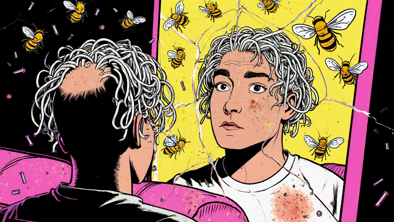 A person staring at a mirror reflection showing total hair loss, with floating nails and tangled wig.