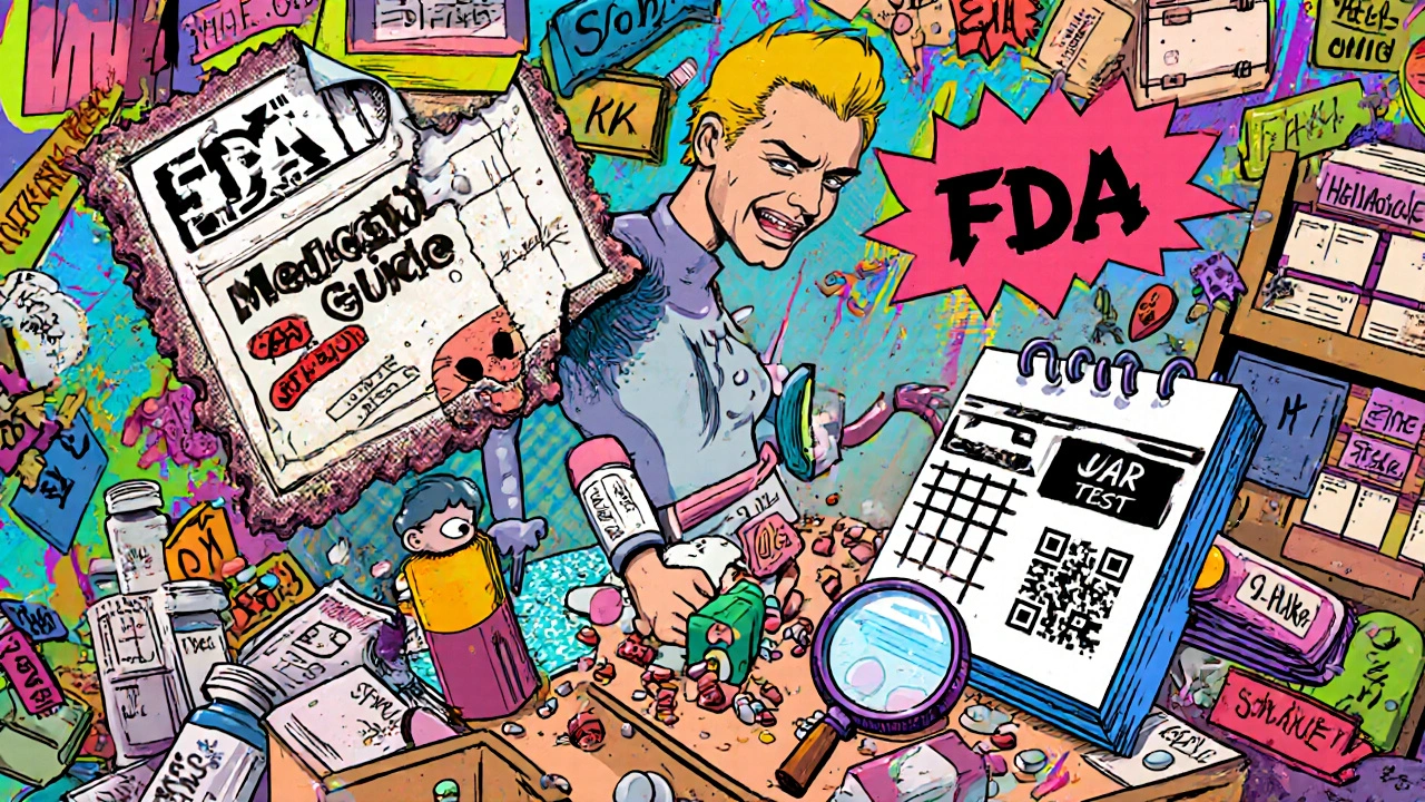 A personified Medication Guide leaping from a drawer to help a patient check blood test dates on a calendar.