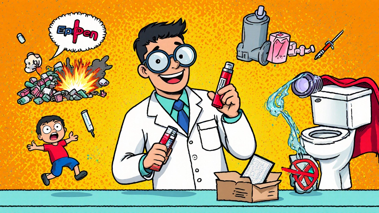 A pharmacist accepting expired medications at a surreal drop-off counter with exploding inhalers and a flushing patch in the background.